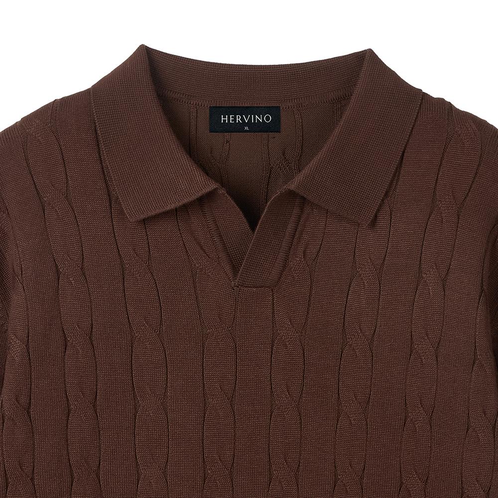 HERVINO Soft Cable Open Collar Muscle Knit [Brown]