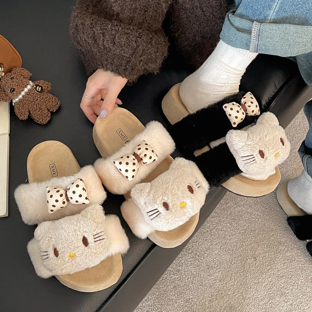 Popular black retro French thick-soled fluffy slippers women's 2025 new autumn and winter wear with skirts cute slippers