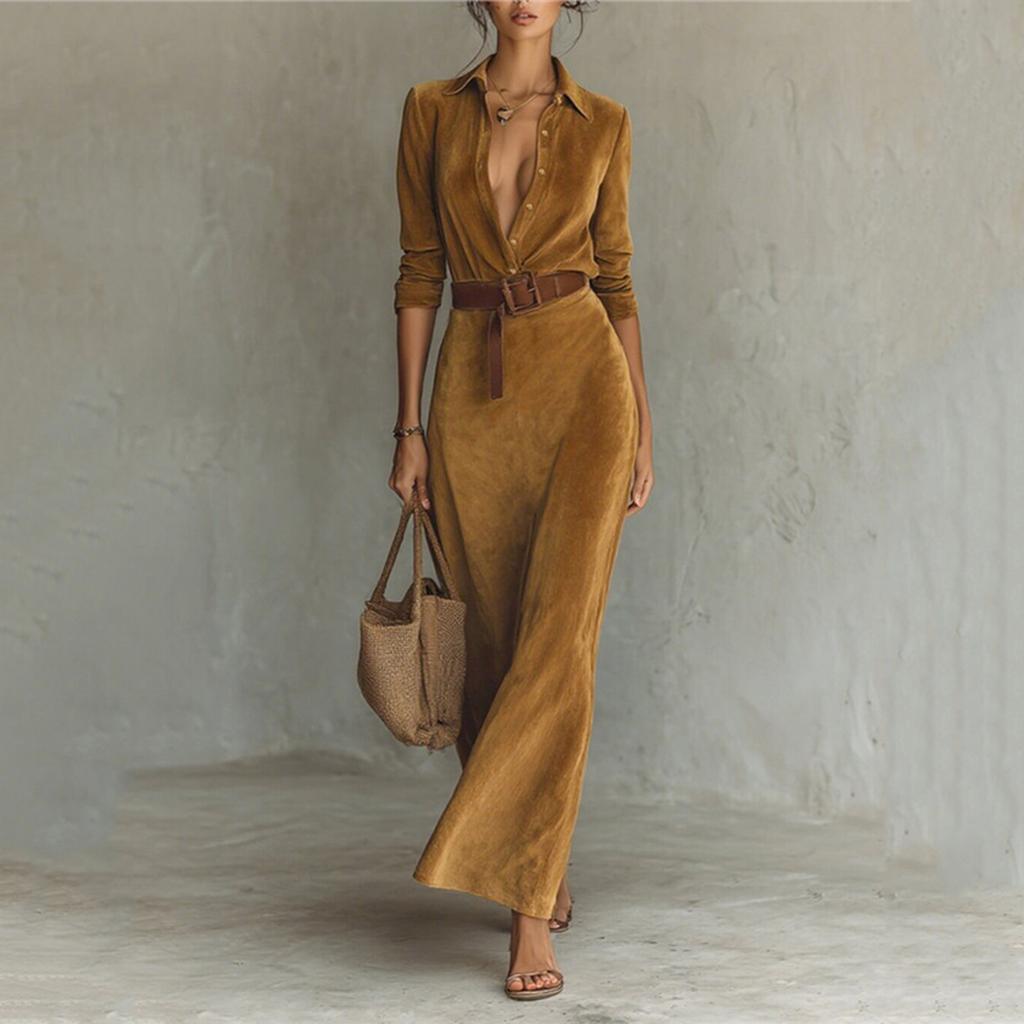 Women's Long Sleeve Lapel Button Suede Wrap Long Dress Warm Casual Belted Dress