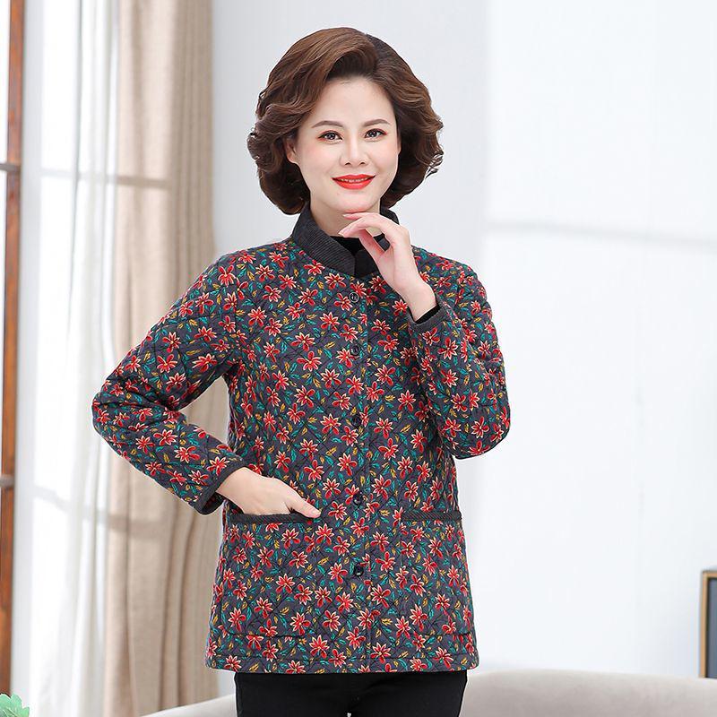 

Женская стеганая куртка из вельвета с цветочным принтом - Легкая осенне-зимняя мода для женщин среднего и пожилого возраста 2XL (105-120 jin) темно-серого