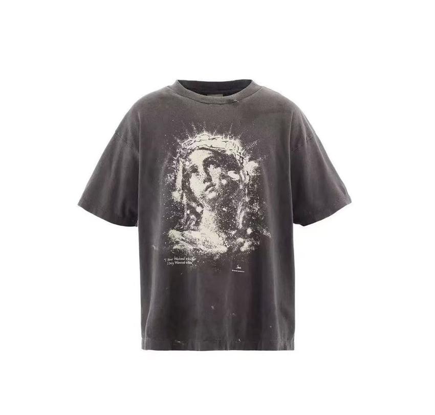 

New SAINT Night Light Portrait Pattern Printed Washed Vintage Round Neck Short Sleeve Street Casual Loose Cotton Trendy Tshirt S