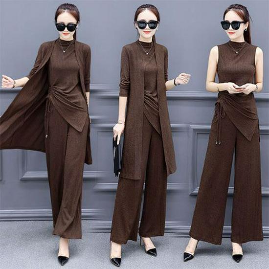 Plus Size Women's Slimming Wide-Leg Pants Suit Set - Spring/Autumn 2026 Style, Semi-High Neck, Casual Three-Piece.