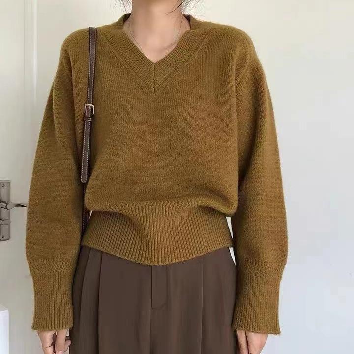 V-Ausschnitt Einfarbiger Pullover für Damen Im Herbst und Winter Koreanischer Vintage Strickpullover Lockerer und lässiger Pullover