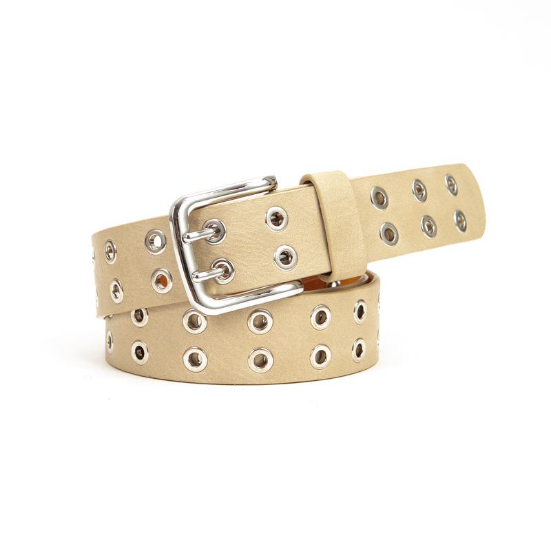 Unisex Leather Eyelet Buckle Belt with Rivet Detail - European & American Style Trend