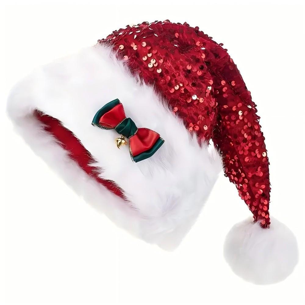 Portable Sequin Santa Hat with Bow Bell White Trim Trim Xmas Hat Christmas Costume Headwear Adults and