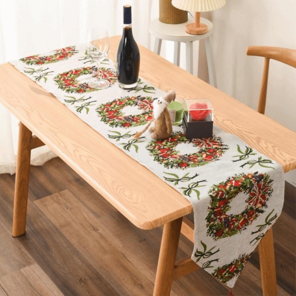Tassel Christmas Table Runner Long Snowman Printed Table Cover Knitted Cloth Rectangle Tablecloth Festival Party Supplies