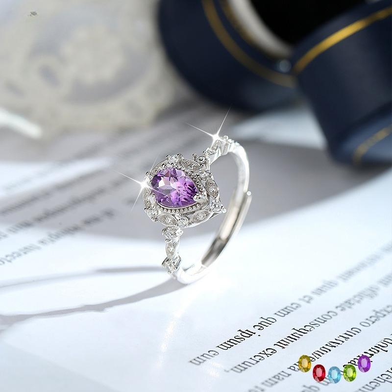 Women's 925 Sterling Silver Amethyst Ring, 5*7mm Pear Cut Natural Purple Crystal Ring, Luxury Gemstone Jewelry for Engagement, Anniversary, Gift
