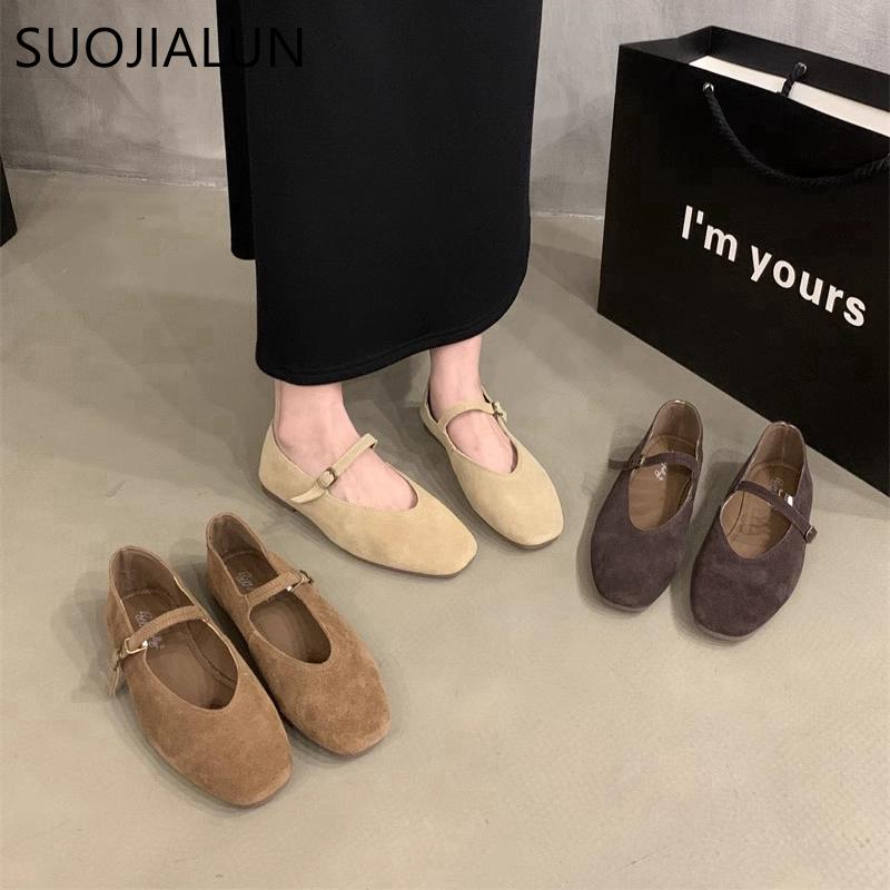 Fashion SUOJIALUN 2024 Autumn Women Flat Shoes Fashion Round Toe Ladie Ballerinas Shoes Soft Flat Heel Outdoor Casual Mary Jane Shoes