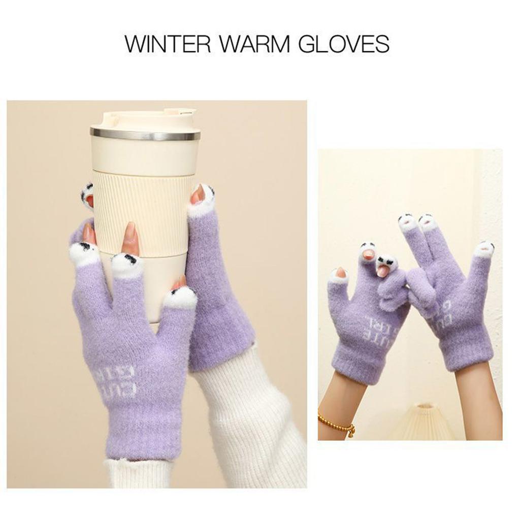 Knitted Touchable Screen Gloves Winter Full Finger Mittens Stretchy Warm Three Finger Exposed Gloves for Girls Teens