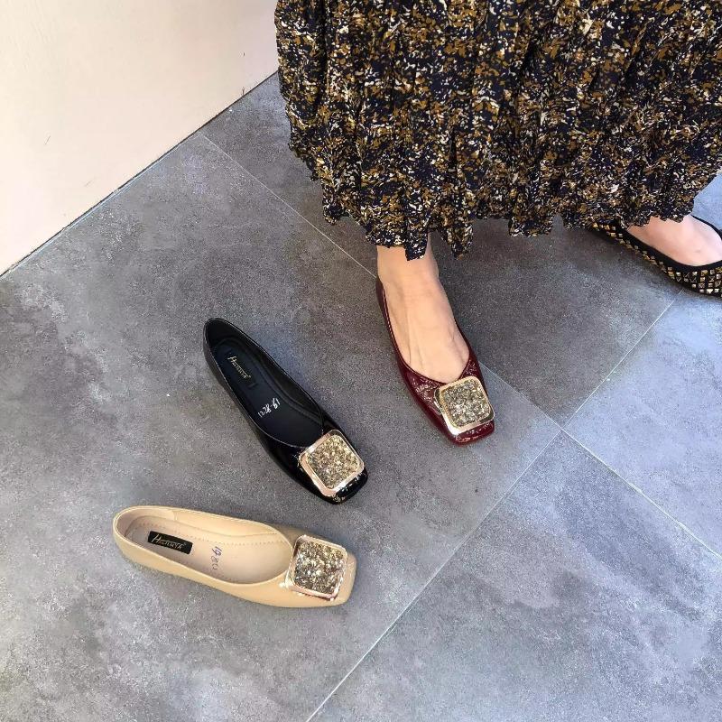 Fashion Flat Shoes for Women 2025 Spring and Autumn New Square Toe Patent Leather Rhinestone Ladies Shoes Women's Plus Size 42 43 44