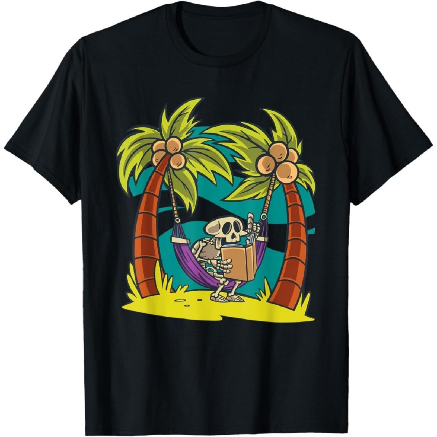 Skeleton Reading On Hammock Skull Palm Trees Coconuts Island T-Shirt S