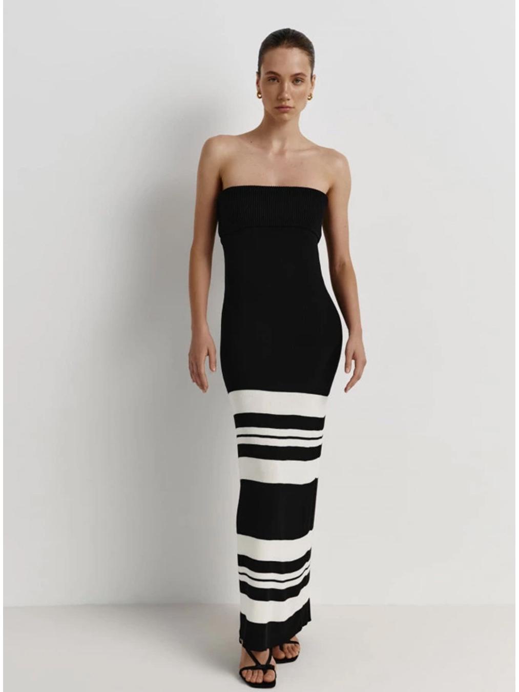 

2024 Вязаное платье бодикон без бретелек в полоску с цветными блоками для летнего выпускного и вечеринок Small чёрный