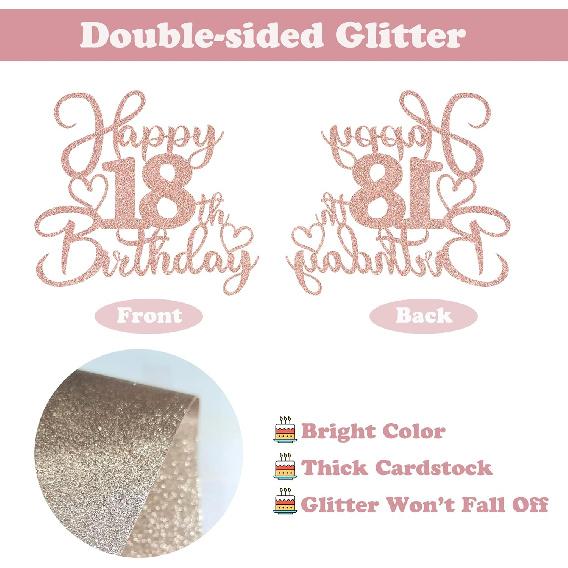 Sotpot 1 Pack 18th Birthday Cake Topper Double-sided Rose Gold Glitter Cake Pick Cake Decoration for Happy 18th Birthday Anniversary Party
