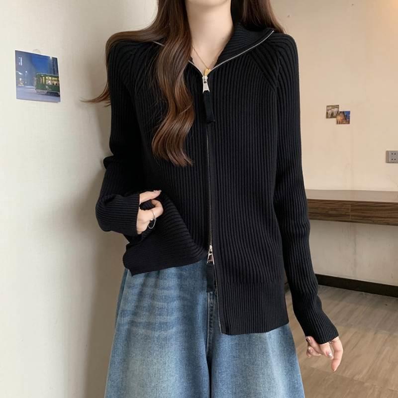 Women's Slimming European Style Maillard Sweater - Plus Size Double Zipper Cardigan for Early Spring