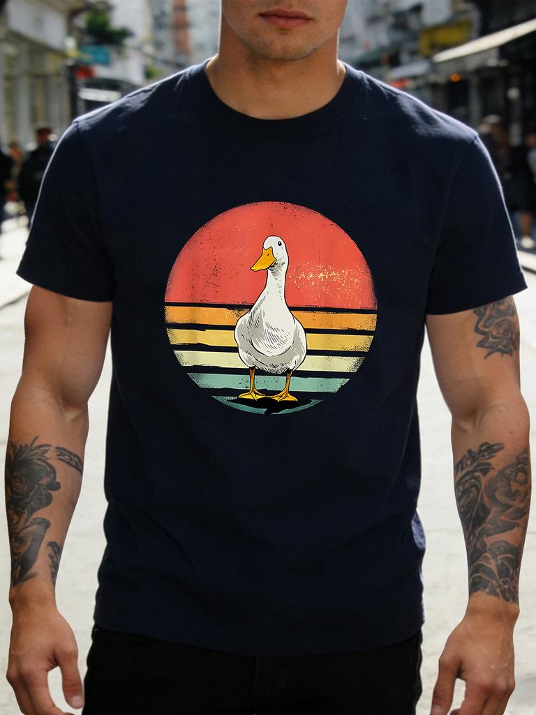 Vintage Retro Sunset White Duck Graphic Unisexs Short Sleeve T Shirt Farm Animal Crew Neck Soft Cotton Casual Outdoor Top For Unisex