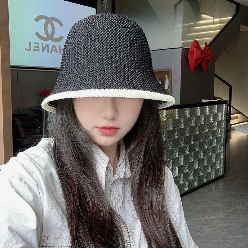 Straw Bucket Hat Women's Summer Thin Hollow Bucket Hat Plain Face Cover Sun Protection Fashion Outdoor Beach Straw Hat