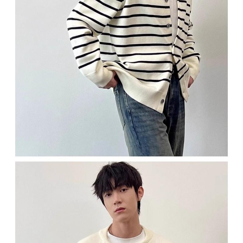 Nowy prążkowany kardigan sweter dzianinowy na wiosnę i jesień, męski i damski, z okrągłym dekoltem, w stylu lekkiego luksusu, swobodny