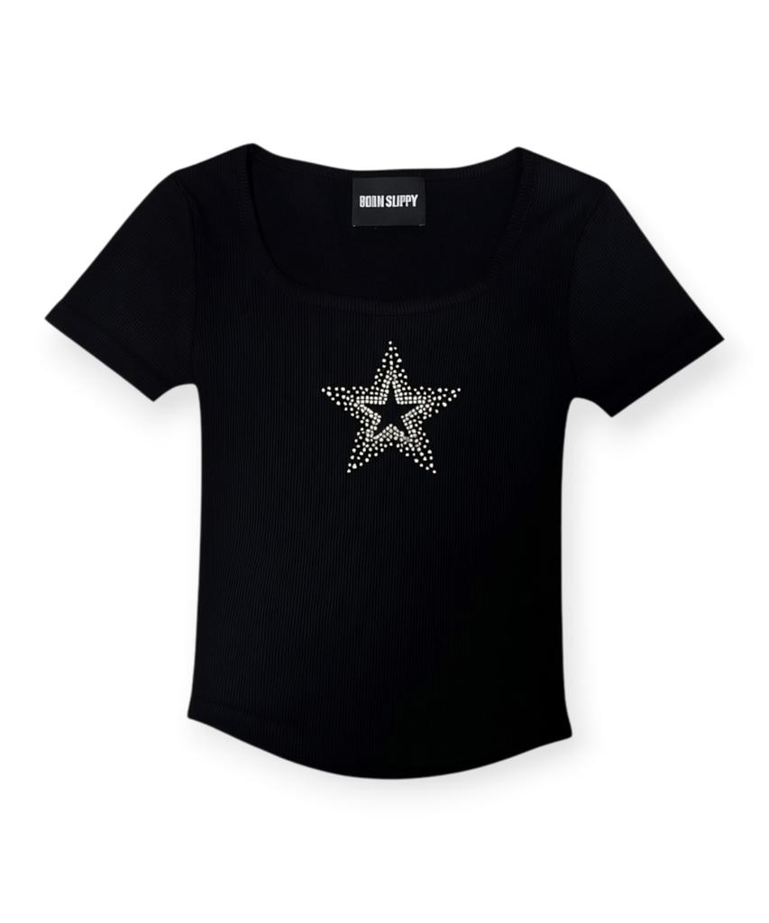 BORN SLIPPY Crystal Star Square Neck Tee (Black)