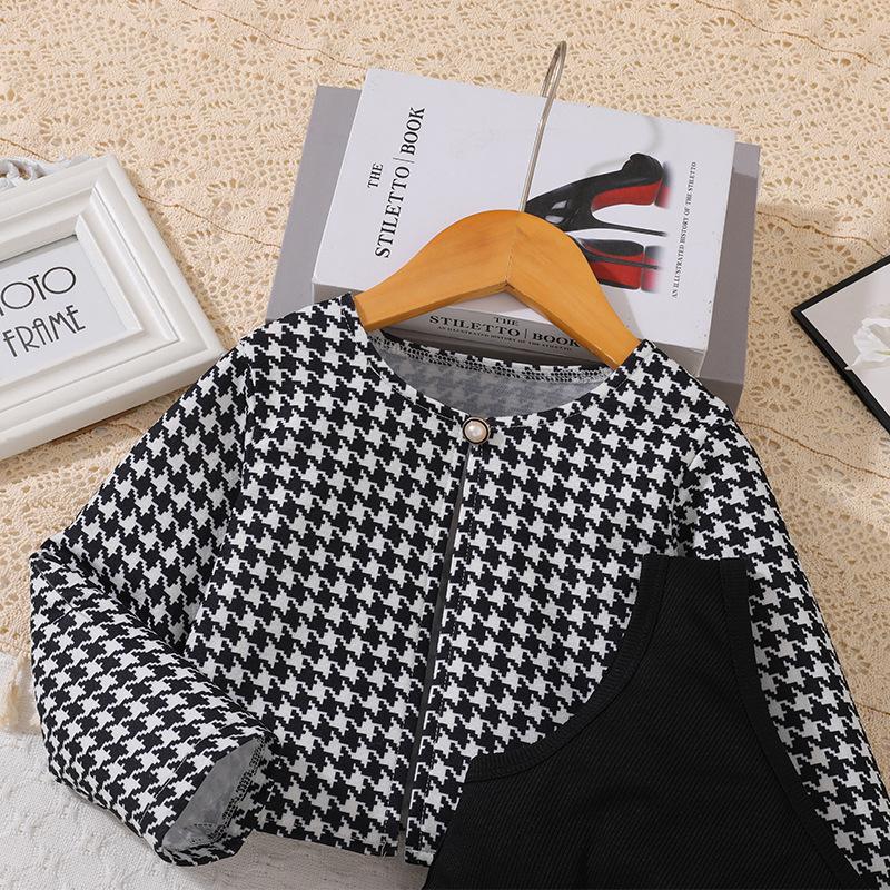 Girls' Houndstooth Two-Piece Set: Long-Sleeve Jacket with Bow A-Line Skirt