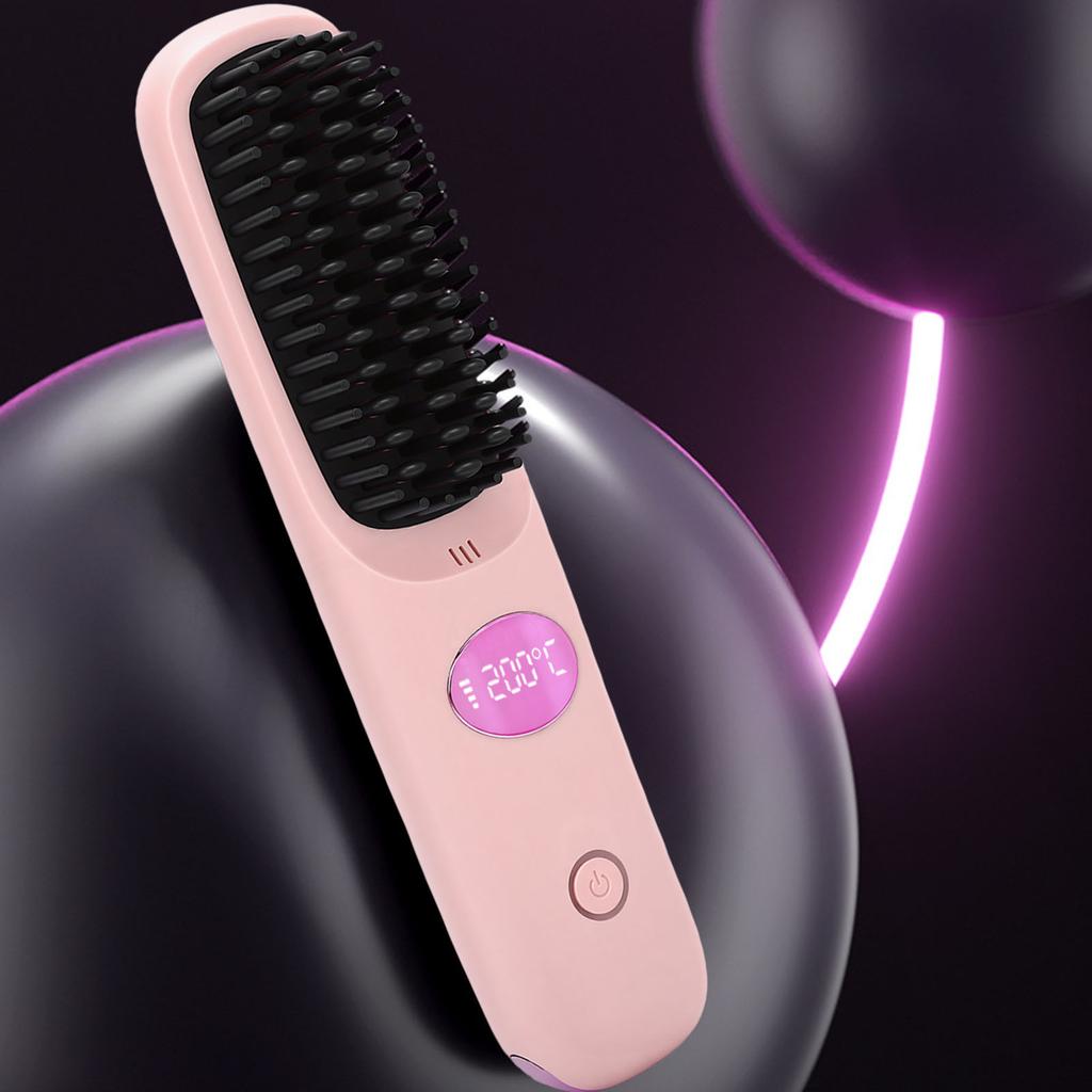 Cordless Hair Straightener Brush Fast Heating USB Rechargeabl LCD Portable Hair Straightening Comb Pink