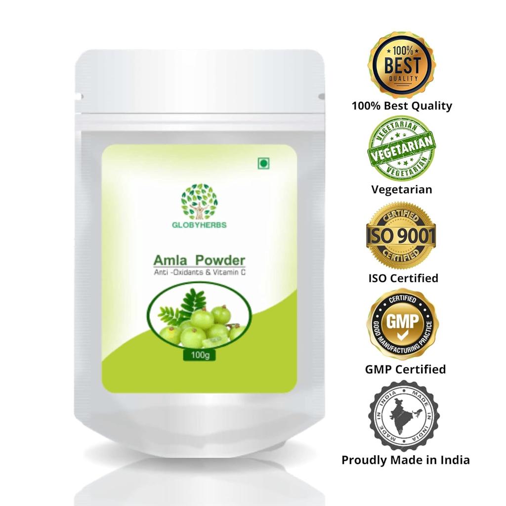 Globyherbs Pure Amla, Indian Goosberry Powder For Unisex Use | 100gm 0.2lbs Each Pack Of 2