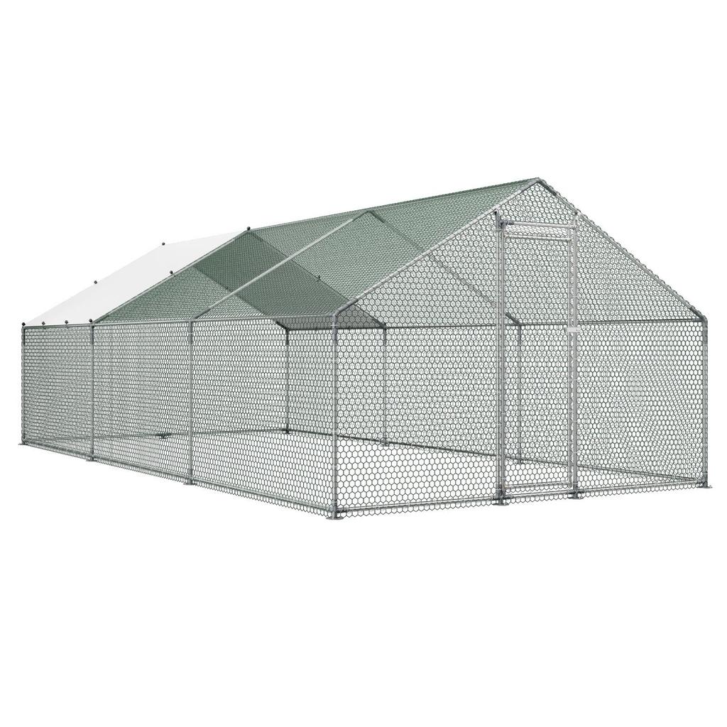 Metal Chicken Coop, 9.8x19.6x6.5 ft Large Walk-in Chicken Runs with Cover, Spire Roof Hen House Enclosure with Security Lock, Outdoor Duck Rabbit Cage