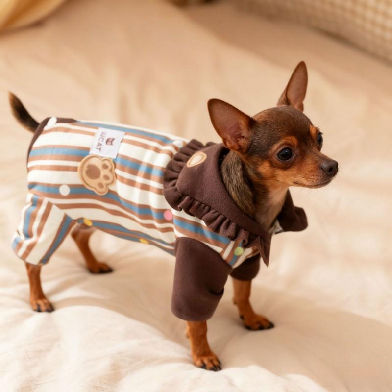 Warmer Hunde-Schlafanzug mit marineblauem Kragen, gestreiftes Design, vierbeinige Haustier-Schlafbekleidung, kleine Rassen, Winter, für den Heimgebrauch