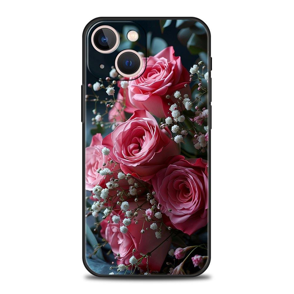 Luxury Phone Case For Apple iPhone 11 15 14 Pro MAX 12 13 7 8 Plus X XR XS MAX SE Black Cover Funda Beautiful Red Rose Flowers