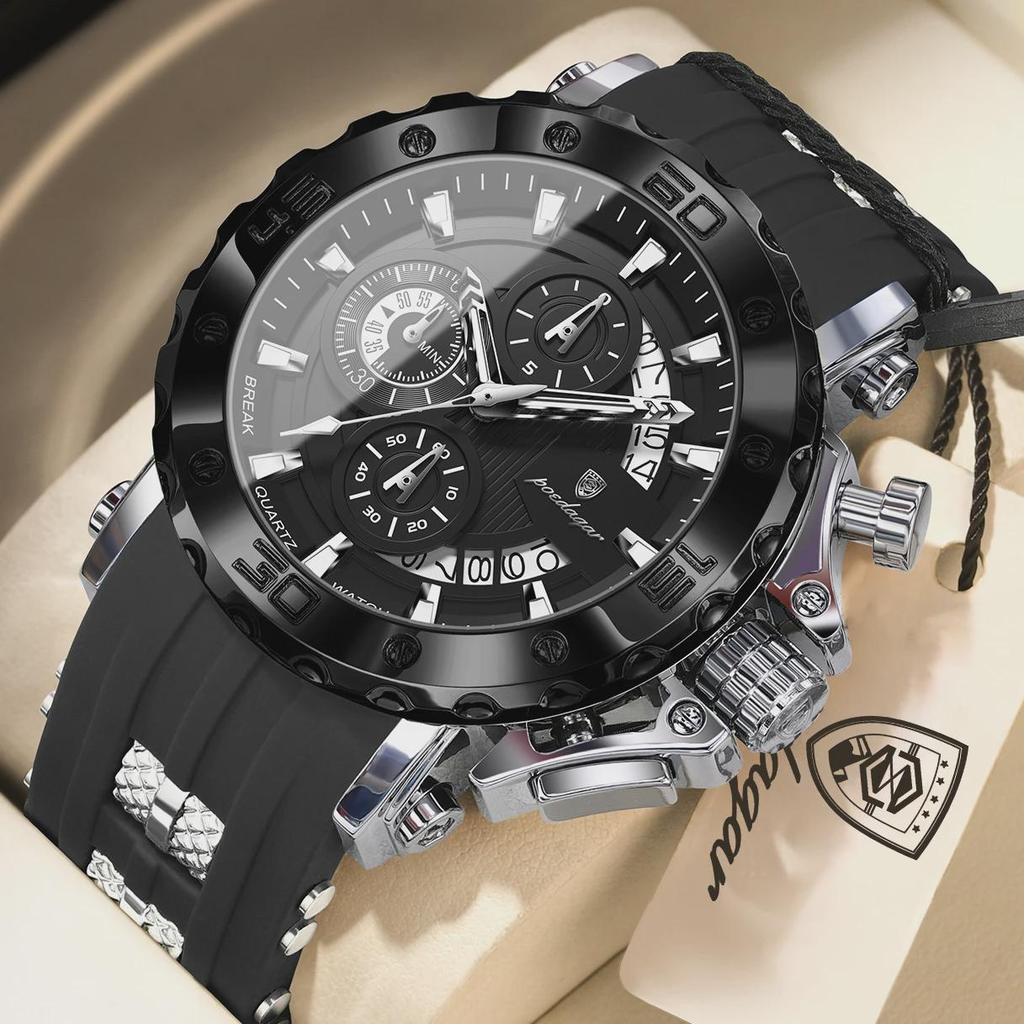 POEDAGAR Men's Silicone Band Sport Watch Chronograph Quartz Waterproof Luminous Hands Casual Wristwatch Male Gift