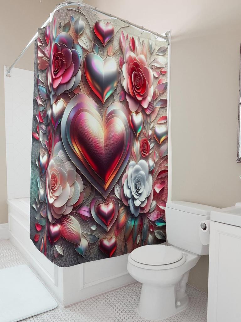 Luxurious 3D Floral Heart Shower Curtain - Waterproof, Mildew-Resistant, Machine Washable For Elegant Bathroom Decor