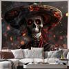 2D Dia De Los Muertos Tapestry, Mexican Sugar Skull & Bokeh Lights Wall Art for Home Decor