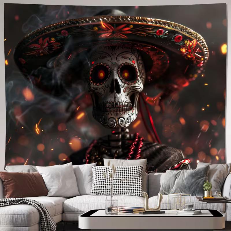 2D Dia de los Muertos Tapestry, Mexican Sugar Skull & Bokeh Lights Wall Art for Home Decor 47.2x31.5inch/120*80cm