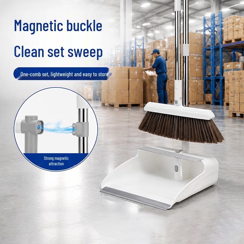 XETEN Soft-Bristle Broom and Dustpan Set