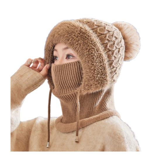 Knitting Hat Women Windproof Insulated Design Winter Hat with Plush Ball Unique Texture 3-in-1 Thickened Hat Face Guard Scarf