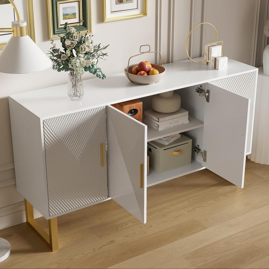 Sideboard mit hochglänzenden strukturierten Türen und goldenen Griffen, TürenDesign, höhenverstellbare Regale für Wohnzimmer und Schlafzimmer