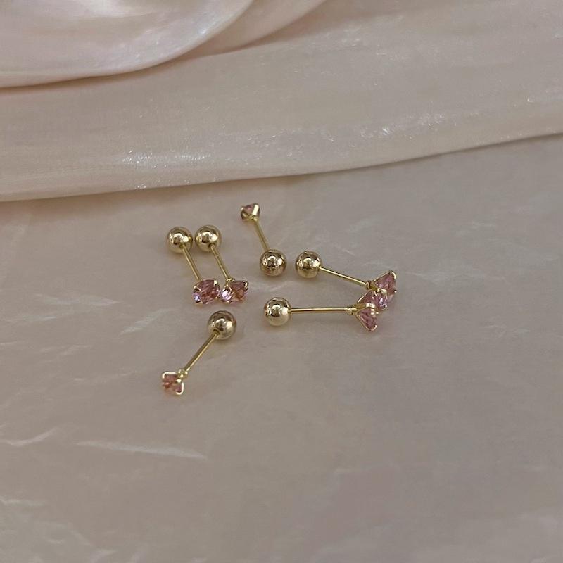 1Pair Pink Zircon  Stud Earrings Mini All-Match Ear Bone Nail With Turnbuckle For Women Girls Party Fine Jewelry Gift