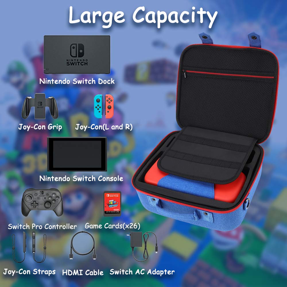 Nintendo Switch Deluxe Edition Storage Pouch Carrying Denim Travel Protective Hardshell Large Storage Bag with Soft 26 Console Pro and Shoulder Strap