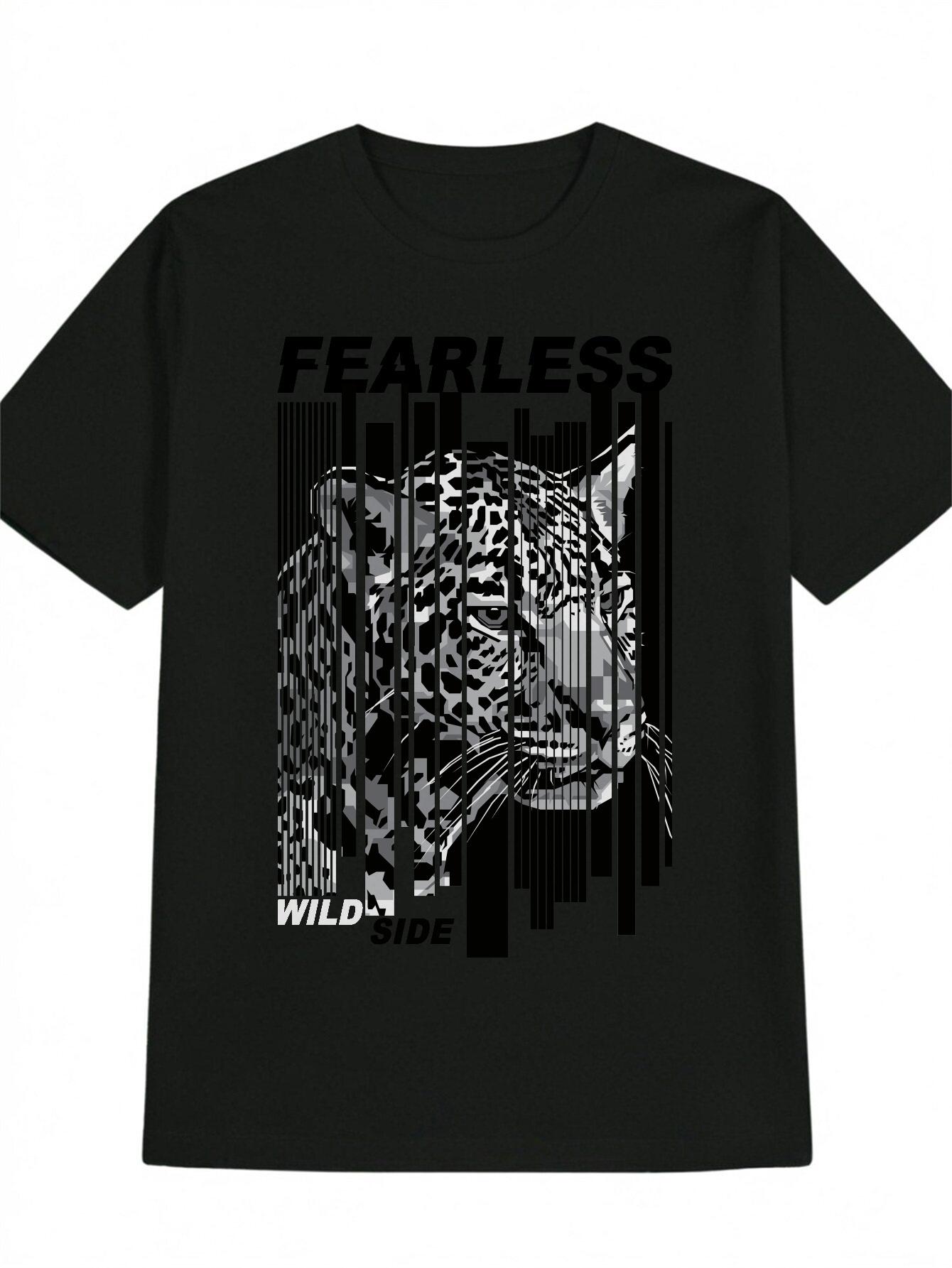 Casual Short Sleeve T-shirt with Leopard Print & FEARLESS Wild Side Graphic - Black Round Neck Summer Top XXXL