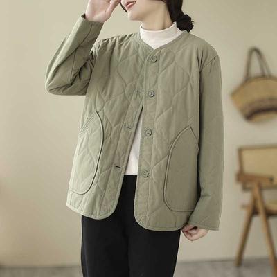 Retro Cotton Winter Quilted Warm Long-sleeved Padded Jacket Women's Solid Color Rhombic Padded Jacket Short Jacket