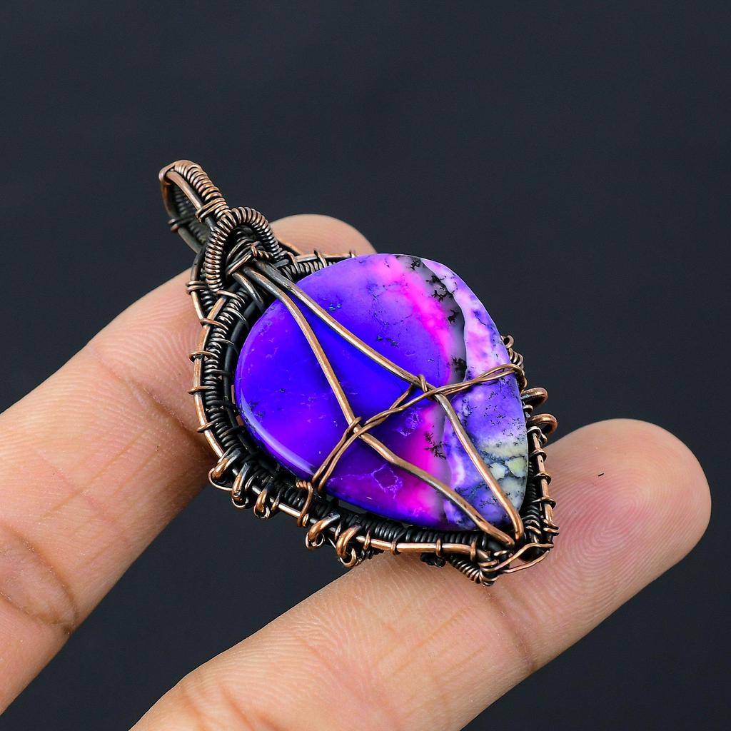 Purple Dendrite Opal Gemstone Pure Copper Wire Wrapped Handmade Pendant Jewelry Gift