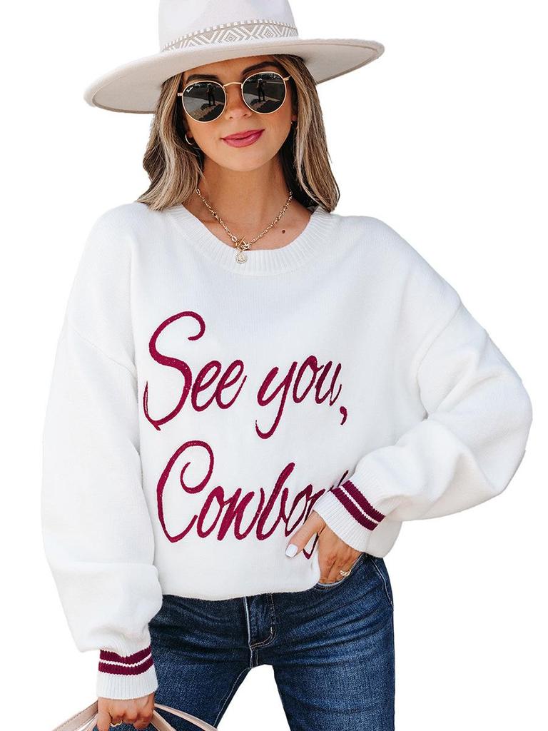 2025 Winter Women's Fashion: Warm Drop Shoulder Letter Embroidery Knit Pullover Sweater