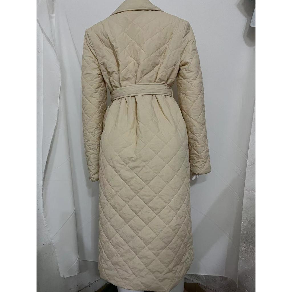 Autumn Winter Women's Notched Lapel Quilted Coat, Knee-Length Belted Waist Diamond Pattern Parka with Lightweight Warmth, Elegant Trench Style Jacket