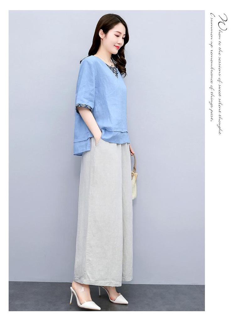 Summer 2025 Women's Retro Chinese Style Linen Top and Wide-Leg Pants Set