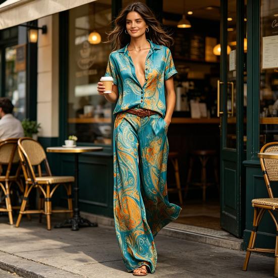 2-teilige Sets für Damen, Lässiges kurzärmeliges Hemd mit Knöpfen und Wide-Leg-Hosen-Kombinationen, Sommerliche bedruckte Urlaubs-Outfits