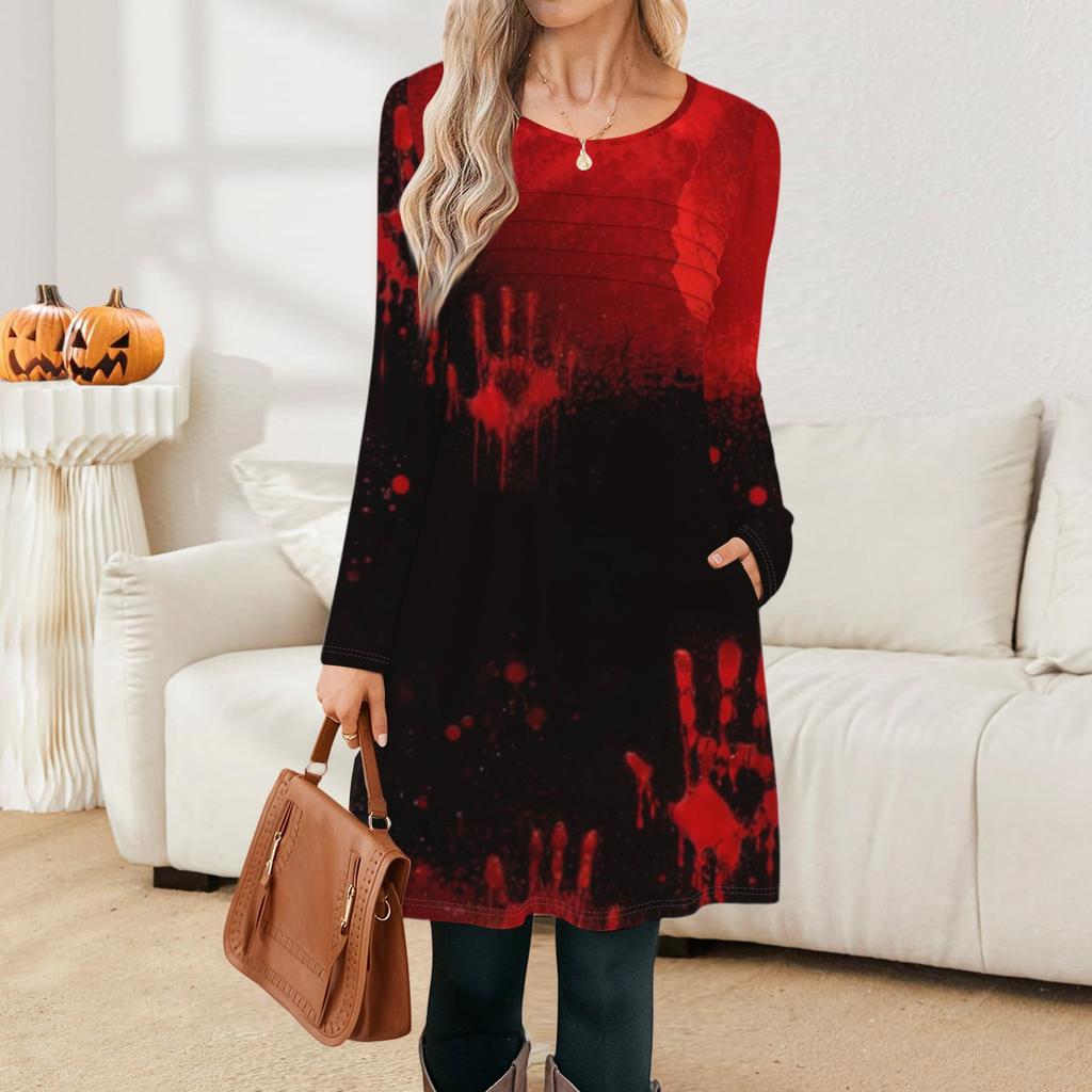 Damen Langarmkleid Herbst Freizeit T-Shirt Lockere Passform Plissiertes Vorderteil Kleider mit Taschen