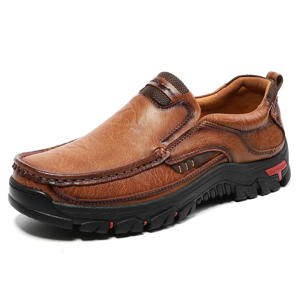 Fashion 2025Men's Slip-On Casual Leather Shoes Wear-Resistant Anti-Skid Round Toe Loafers Thick Bottom Dress Footwear All Season