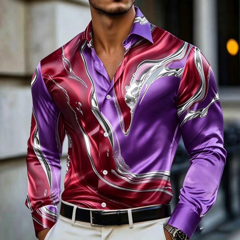 Camisa de Manga Larga Estampada con Arte Fluido de Mármol para Hombre Lujo Resort Nightclub Uso Diario Cuello Botón Top para Hombre Camisa de Moda