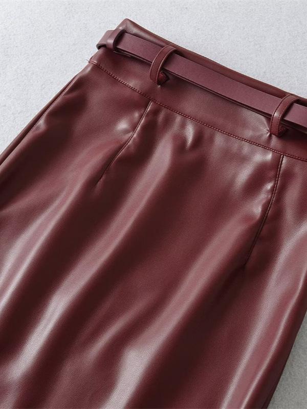 Elegante Damen Midi-Lederrock aus schwarzem PU-Leder mit Gürtel - Hoher Bund, Schlankmachender Schnitt, Schlitz vorne, Hüftbetontes Design, Perfekt für Herbst/Winter