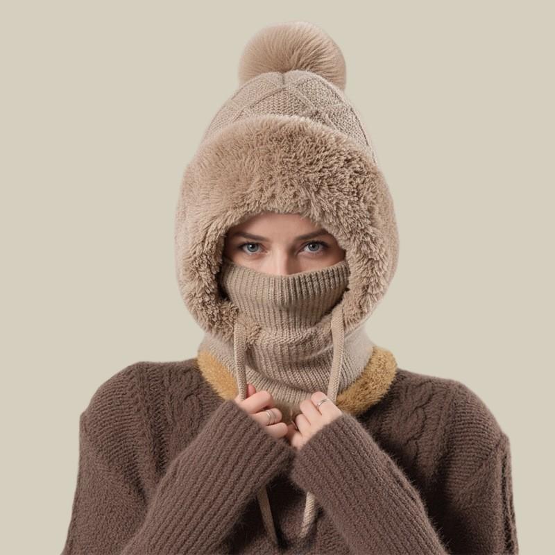 Womens Winter Knit Beanie With Integrated Neck Warmer Ear Protection Thick Fleece-Lined Foldable Cold Weather