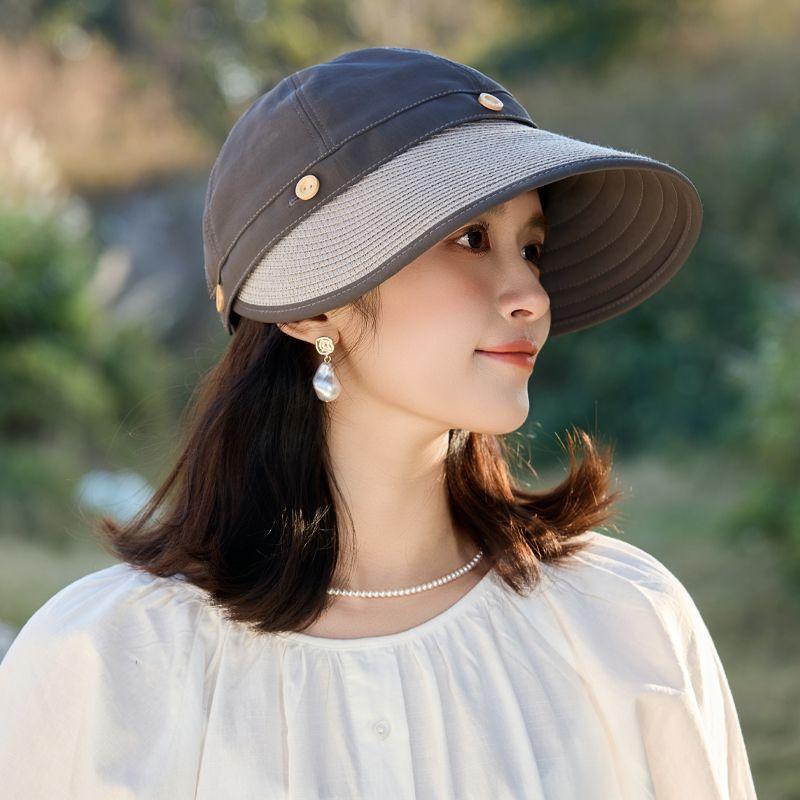 Women's Wide Brim Sun Hat, UPF UV Protection Outdoor Fishing Cap, Solid Color Bucket Hat with Adjustable Drawstring, Foldable Ponytail Beach Visor